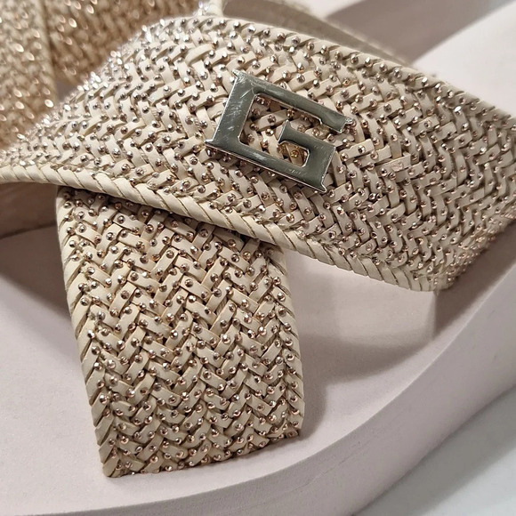 Guess "NEW" Coquette Beige Tan Metallic Crossover Strap Wedge Platform Sandal *9 - Picture 9 of 13